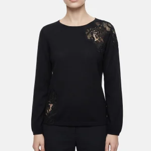 Premium New Honssen Women 99% Silk Knitwear Fine Sequin Anti Static Lace Splicing at Shoulder &amp; Hem Elegant Long Sleeve Top