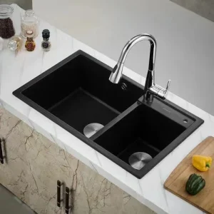 European Style Black Quartz Granite Composite Kitchen Basin Sink with Double Bowls