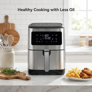 Modern 6.1-8.0L Stainless Steel Air Fryer Digital Touchscreen 1500W EU Plug Non-Stick Basket Healthy Oil-Free Cooking Household