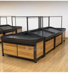 Customizable Medium Duty Double-Sided Fruit & Vegetable Display Rack Supermarket Use Wood+Steel Materials 60KG Capacity