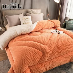Hoomly 3D Embossed Carved Velvet Comforter Set Luxury Coral Orange Plush Bedding Set