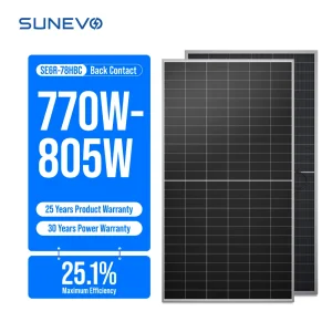 Paneles Solares Bifaciales Tipo N Sunevo 750W 770W 800W para Sistemas Premium de Energía Fuera de la Red en Hogares y Soluciones Energéticas Industriales Remotas