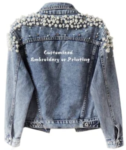 Hiking Women's Embroidered Rivet Pearl Short Denim Jacket Coat Pearls Beading Denim Jackets Loose Short Jean Coat Outerwear
