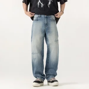 Calça Jeans Vintage Premium de Perna Larga com Desgaste Claro e Cintura Alta para Skate Casual