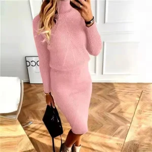 Autumn/Winter 2025 New Women's Fashion: High-Neck Knit Solid Color Pullover Sweater and Skirt Set