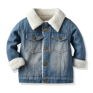 Boys Winter Lapel Enzyme Wash Denim Warm Button Jacket with Sherpa Lining
