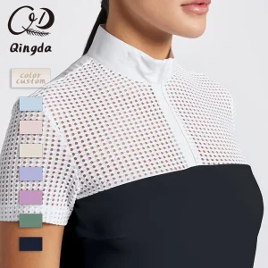 Short Sleeve Standing Collar Half Zip Honeycomb Mesh Yoke &amp; Sleeves Contrast Panel Slim Fit Equestrian Breathable Stretchy