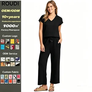 Women's Black Summer Vintage Solid 2-Piece Loungewear Set V-Neck Short Sleeve Top + Drawstring Wide Leg Pants 100% Cotton