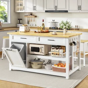 Multifunctional Microwave Stand Kitchen Center Island with Hidden Waste Bin and Overhang Countertop for Stools