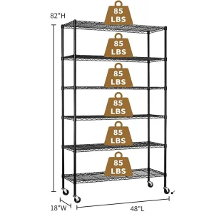 NSF Certified 6-Tier Heavy Duty Metal Storage Shelves 18"x48"x82" Black Wire Shelving Unit with Wheels