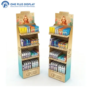 Custom Supermarket Retail 4 Tier Eco-Friendly UV Coated Foldable Kraft Paper Floor Display Stand DIY Corrugated Cardboard Rack