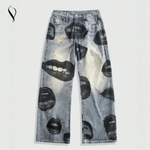 High Street Men's Denim Printed Jeans Punk Casual Style Black White Eco-Friendly Breathable Wide Leg Designer Nightclub