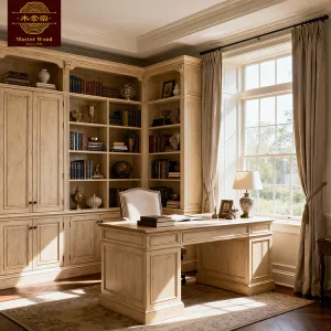 Custom Light Beige Solid Wooden Book Cabinet Vintage French Elegant Built-in Corner for Study Room Whole House Customization Bookcase