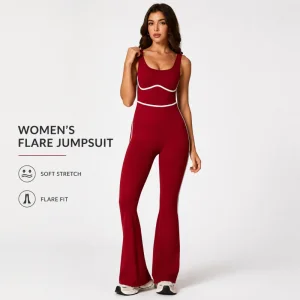 Custom Logo One Piece Flare Yoga Jumpsuit High Stretch Sleeveless Workout Bodysuit For Women Gym Wear