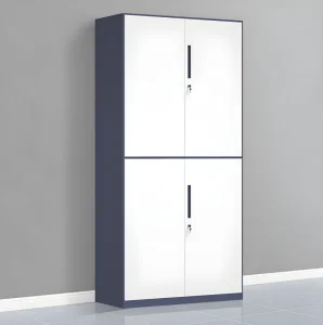 Armario de archivo alto de acero con doble puerta y cerradura de dos tonos 4-Panel con dos cerraduras separadas y largas manijas verticales, almacenamiento independiente superior e inferior