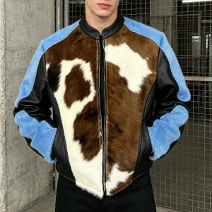 Custom Premium Fuzzy Vintage Biker Cowhide Print Leather Jacket