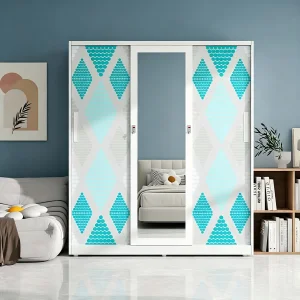 Metal Wardrobe for Clothes Modern 3-Door Sliding Wardrobe with Central Mirror for Bedroom Organization