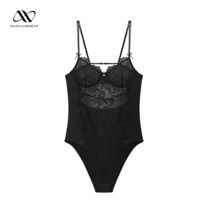 Black Underwired Lace Bodysuit with Sheer Mesh