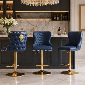 Luxury Tufted Lion Knocker Nailed Velvet Leather Sliver Gold Base Swivel Metal High Chair Bar Stool for Bar Table With Back Rest