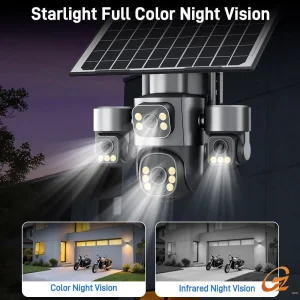 Solar-Powered Quad-Camera Dome Camera with Warm Light Night Vision