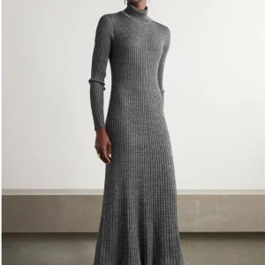 Direct Sale Knitwear Autumn Winter Gray Turtleneck Long Sleeved Elegant Casual Women Knit Sweater Dress
