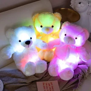 Precio al por mayor peluche personalizado diseño a medida animales súper suaves muñeca para niños osito de peluche blanco luminoso que brilla juguetes de fábrica