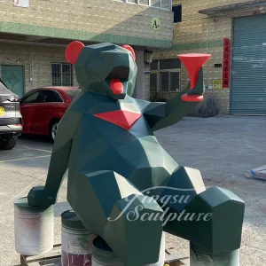 Outdoor Decor Resin Geometric Animal Sitting Green Bear Sculpture Fiberglass Big Funny Bear Statue