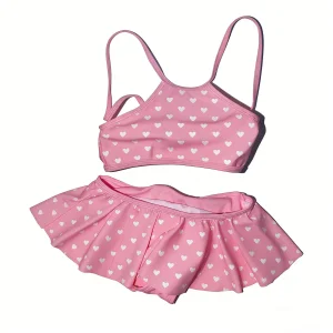Bonito traje de baño de dos piezas con volantes en forma de corazón rosa para niños
