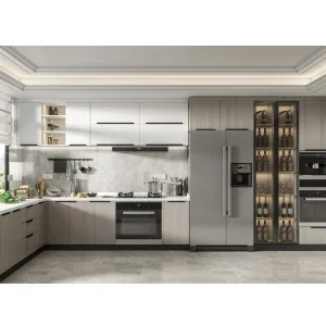 Gabinete de cocina de acero inoxidable con frigorífico alto