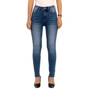 Calças de Denim Casuais Azul Marinho com Lantejoulas Skinny de Cintura Alta para Mulheres Trendy