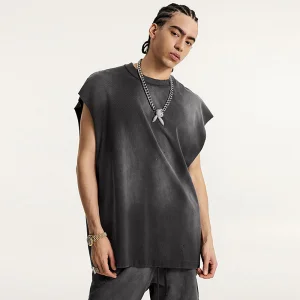 In Stock Ready to Ship Streetwear Blank Pre-Distressed Vintage Wash 285g 100% Cotton Heavyweight Button Breathable Tank Top