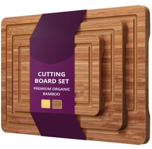 FSC Certified Set of 3 Bamboo Wood Cutting Boards with Deep Juice Groove Kitchen Serving Chopping Board Set with Side Handles