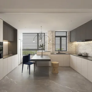 Conjunto de armarios de cocina de laca a medida en forma de U con armario de pared, unidad de cocina modular de contrachapado