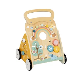 Centro de Atividades Multifuncional de Madeira para Bebês, Painel de Atividades, Carrinho de Puxar e Empurrar, Brinquedo de Aprendizagem para Bebês
