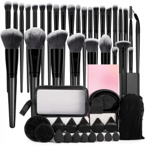For Professional Makeup Brush Set 51-Piece Synthetic Hair Travel Case for Foundation Powder Eye Shadow Blush (Black)