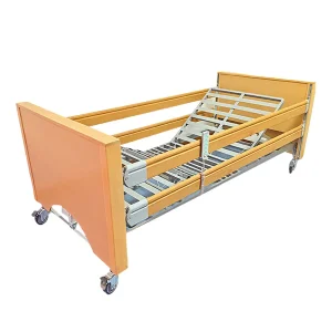 5-Function Electric Nursing Bed Wood Guardrail Metal Construction Adjustable Backrest Footrest Home Care for Elderly Foldable