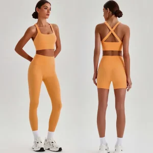 بيع بالجملة 3PCS ملابس يوغا لياقة بدنية عالية الجودة للنساء، حمالة صدر رياضية بظهر متقاطع + شورت بخصر مرتفع + ليجنز للجري ملابس التمرين
