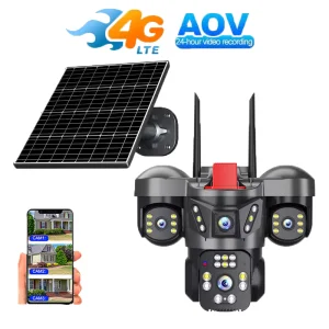 New Arrival V380PRO 12MP Outdoor Full Color Three Lens 4G Sim Card Auto Tracking Night Vision Pan-Tilt Wifi 4G AOV Solar Camera
