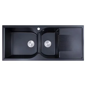 Black Granite Quartz Kitchen Sink with Cutting Board &amp; Drain Rack, Undermount Multi-Functional Bowl