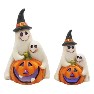 Wholesale Hand-Painted Ceramic Ghost Duo on Pumpkin with Skull Face – Halloween Decor HDFS8137 Manufacturer, Manufacturers