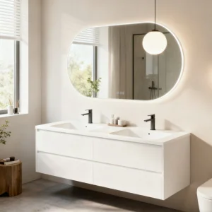 Wholesale Modern Floating Bathroom Vanity with Single Sink and LED Mirror for Hotel and Villa Furniture