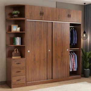 Modern Sliding Door Wardrobe with Brown Wood Grain and Multi-Functional Storage System