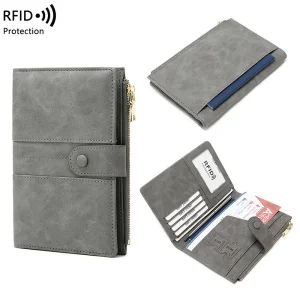 Billetera de viaje bloqueadora de RFID con cremallera, soporte para pasaporte y ranuras para tarjetas