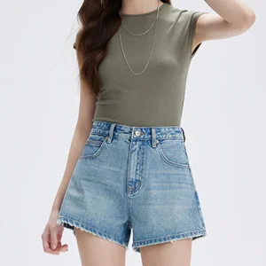 Calças de algodão denim femininas de cintura alta, lavadas, vintage, verão, casuais, shorts de trabalho