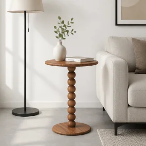 Wood Beaded Pedestal Side Table Farmhouse Round Solid Wood End Table Spindle Bobbin Accent Table Living Room Sofa Side Table