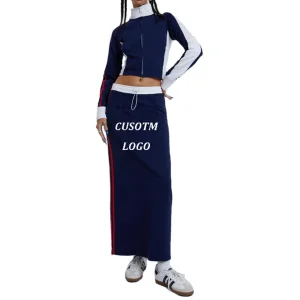 Custom Logo Women Sport Long Skirt Dress Cotton Jersey Knitted Side Striped Maxi Skirt Navy Sporty Midi Skirt