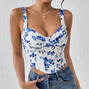 Sexy Fishbone Corset Women Summer Blue Floral Print Lace Strap Vest Fashion Underiwre Slim Buckle Night Club Party Gaine Bustier