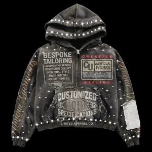 Custom Hoodie Heavyweight Streetwear Distressed Rhinestone Acid Wash Graphic Vintage Zip up Hoodie Double Layer Hoody Design
