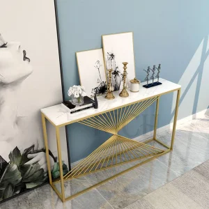 Mesa de Entrada de Mármore Branco com Estrutura de Metal Inoxidável Dourada