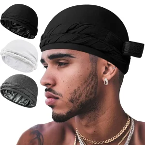 HZM-23398 Turban Durag for Men Women Pre-Tied Skull Cap Hair Loss Hat Silk-Lined Headwraps Magic Tape Sleeping Bonnet